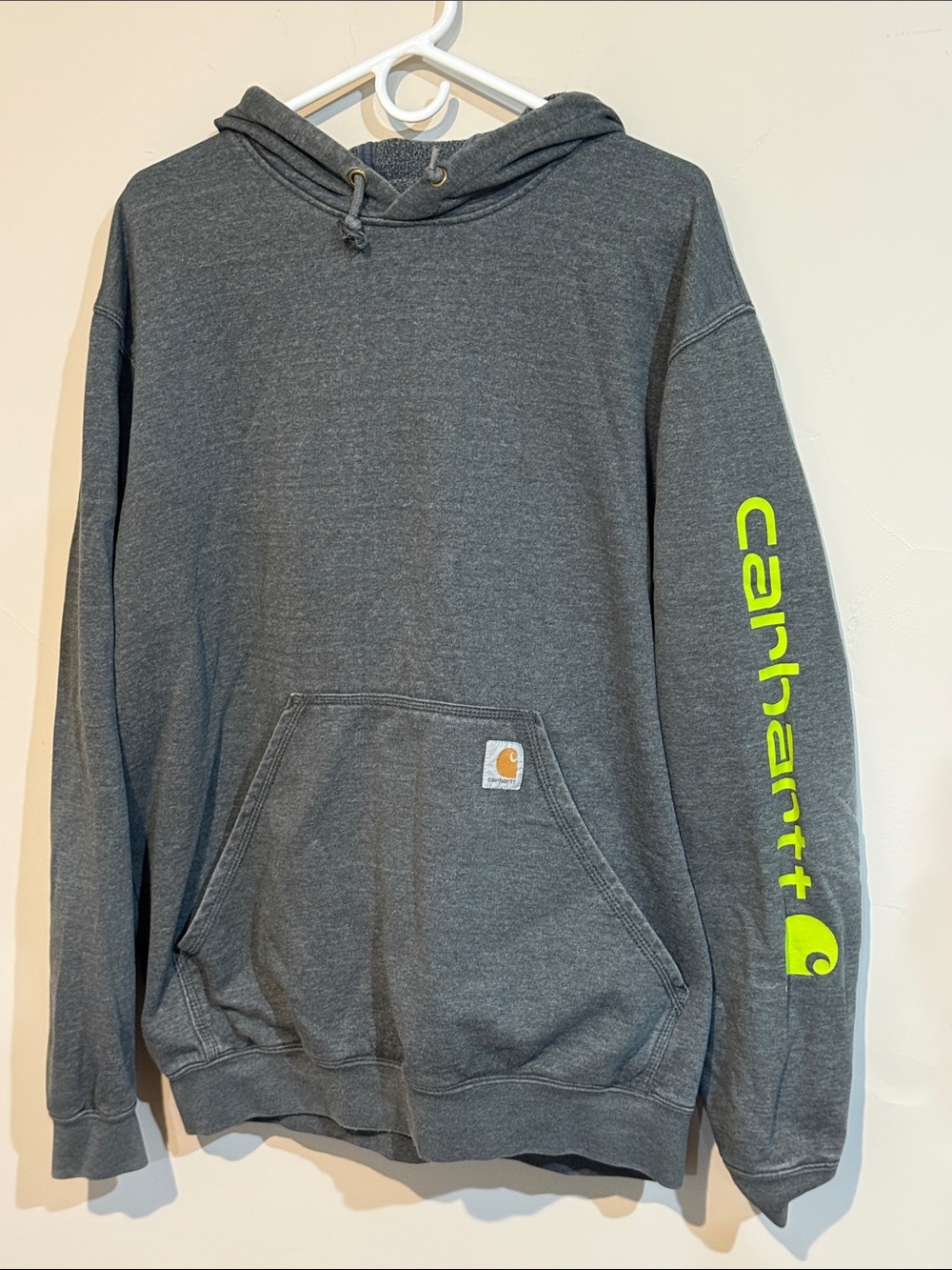 Carhartt Men's Dark Gray Crewneck Hoodie with Neon Yellow Sleeve Logo